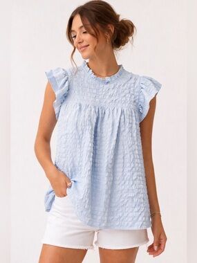 Simply Southern Baby Blue Textured Babydoll Blouse | NWT | Ruffle Sleeve